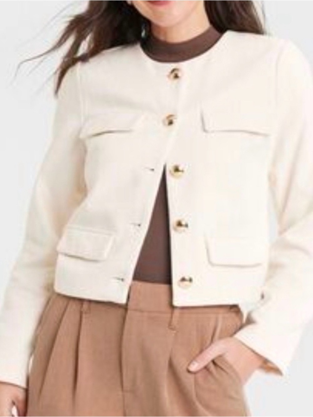 a new day Tweed Cream Cropped Button-Front Blazer